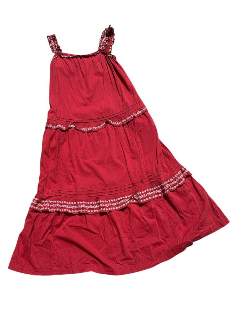 Old Navy Red Herring Embroidered Tiered Midi Dress Ruffle Neck Cotton Blend M